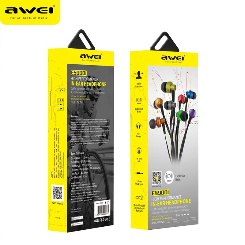 Awei 3.5mm Wired Earphones In-ear Headset Gamer Volume Control With Built-in Microphone Universal Earbuds For phone