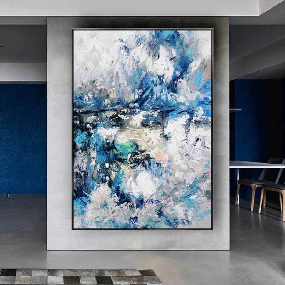 

Handmade White Blue Abstract Oil Painting 3d Thick Texture Canvas Picture For Living Room Decor Wall Art Hotel Modern Mural Gift