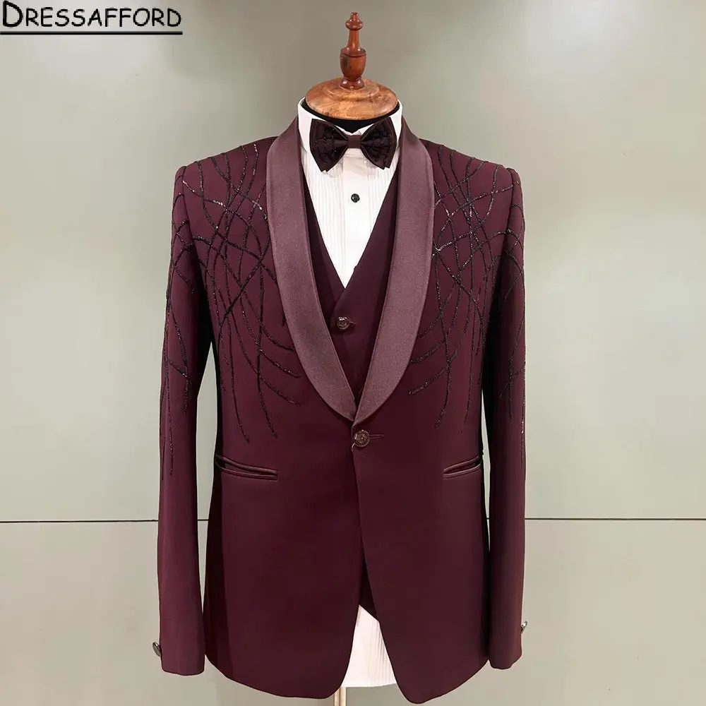 

Burgundy 3 Pieces Groom Wedding Tuxedos Beading Crystal Formal Suits Men Custom Made Black Prom Blazer Sets Male Fashion