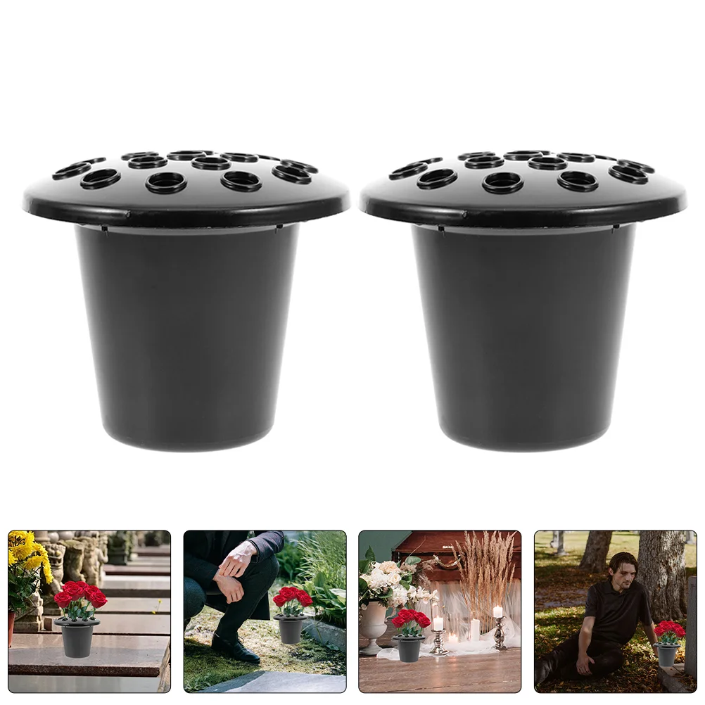 2 Pcs Black 16 Hole Lotus Base Flower Holders for Grave Memorials Dignified Cemetery Decorations Floral Vase Inserts Plastic 4