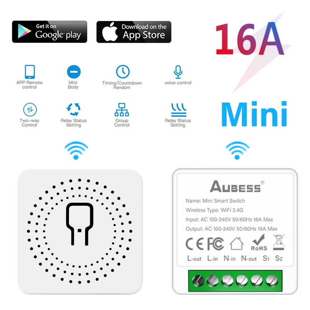 Tuya Wifi Smart Switch 16A Mini Relay Two Way Control Smart Home Timing Tuya Smart Life APP for Alexa Google Home Yandex Alice motion detector light switch
