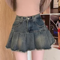 Summer Women Y2k High Waist Mini Skirts Girls Korean A Line Denim Pleated Dress Female Fashion Punk Blue Harajuku Jeans Skirts