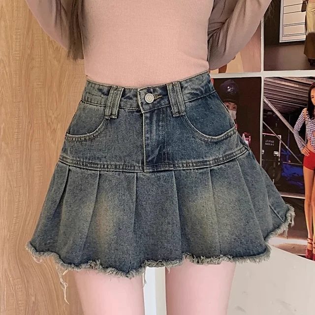 Summer Women Y2k High Waist Mini Skirts Girls Korean A Line Denim Pleated Dress Female Fashion Punk Blue Harajuku Jeans Skirts
