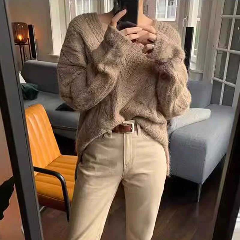 

Женский вязаный свитер с длинным рукавом, Свободный пуловер с V-образным вырезом, вязаный винтажный джемпер в Корейском стиле, осень 29861