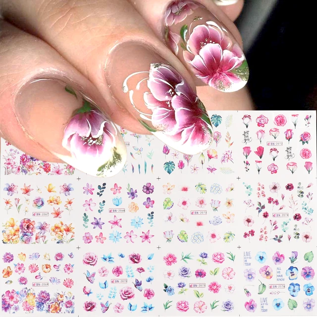 Amazon.com: 24 Designs Flowers and Leaf Nail Art Decals, Holographic Floral  Water Transfer Nail Decal Decoration, Colorful Flower Leaf Nail Art Stickers  for Women Girls Manicure Acrylic Nails Sticker Supplies : Beauty
