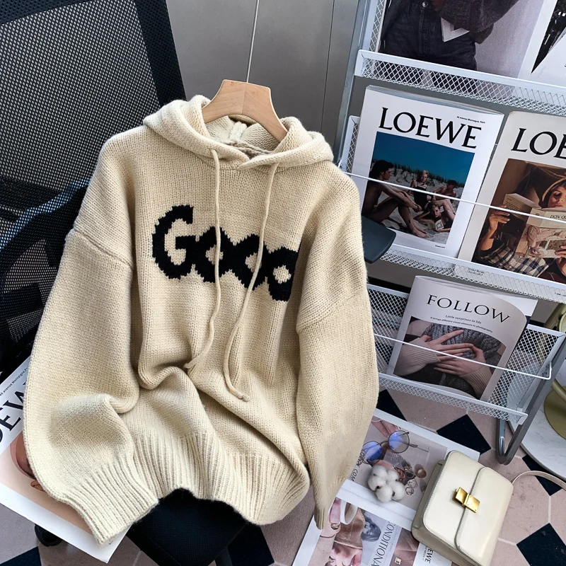 

Hooded Sweater Female Pullovers Thickened Autumn Winter 2023 New Loose Jumpers Lazy Style Long Oversized Sweaters Women
