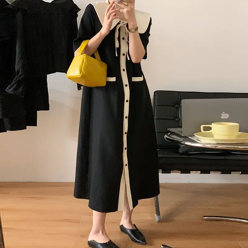 

Summer New Black Contrast Patchwork Long Dress Short Sleeve Loose Solid Button Sweet Dresses Fashion Vintage Women Clothing
