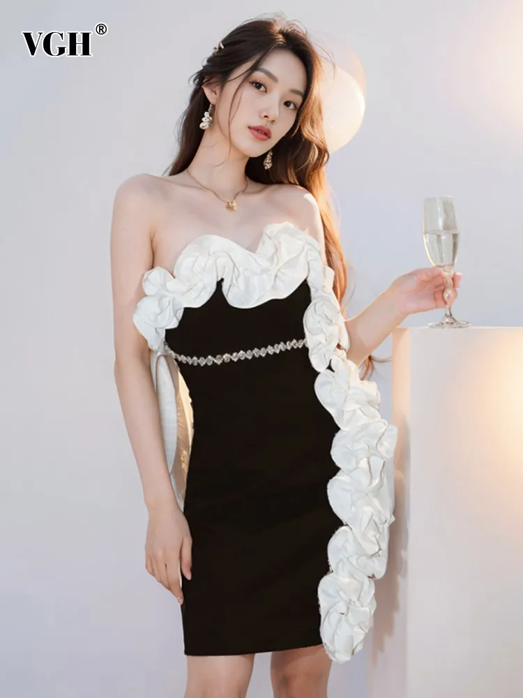 

VGH Hit Color Patchwork Diamonds Elegant Dress For Women Strapless Sleeveless High Waist Temperament Slimming Dresses Female New