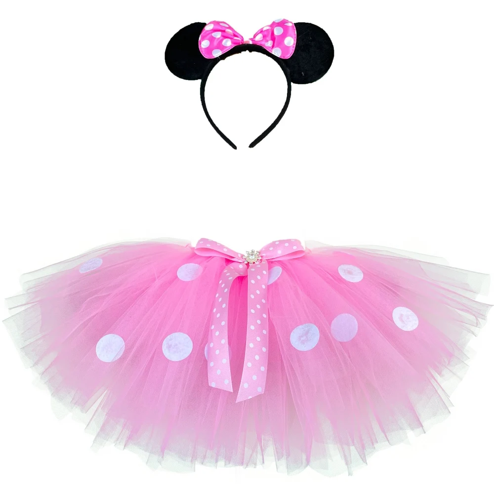 

Girls Pink Mickey Tutu Skirts Kids Ballet Dance Underskirt with White Dots Hairbow Children Birthday Party Costume Minnie Tutus