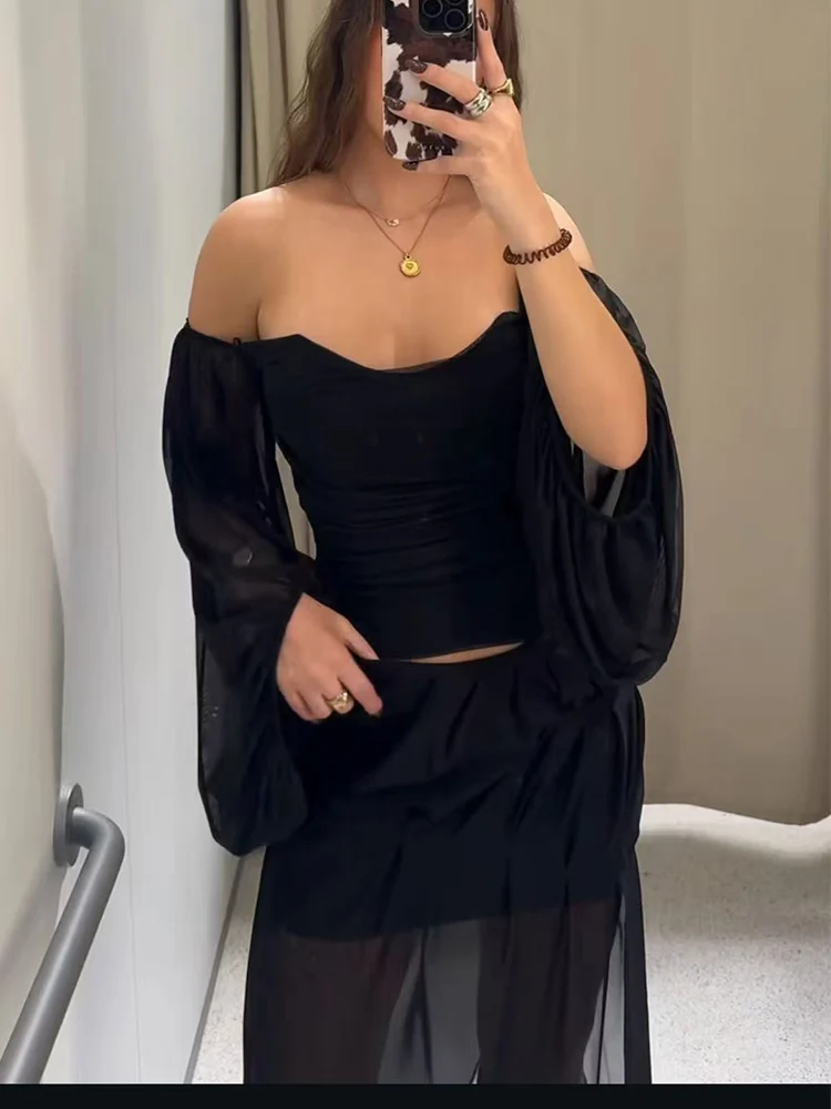 Women Long Sleeve Blouse Top Fashion Slash Neck  Sexy Slimming Folds Design Short Top 2026 New Solid Ladies Club Streetwear