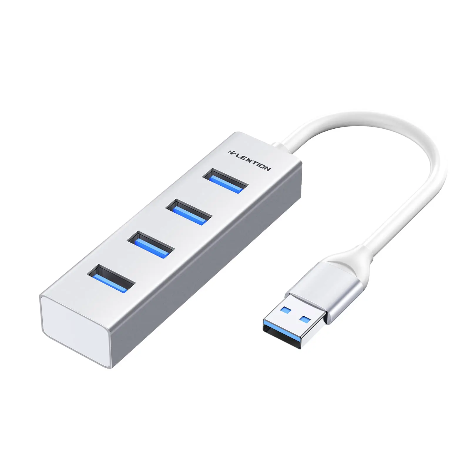 Lention Silver 4 Port USB 3.0 Hub Splitter High Speed Multiport Slim USB A Hub Adapter with USB 3.0 Cable Portable USB Extender