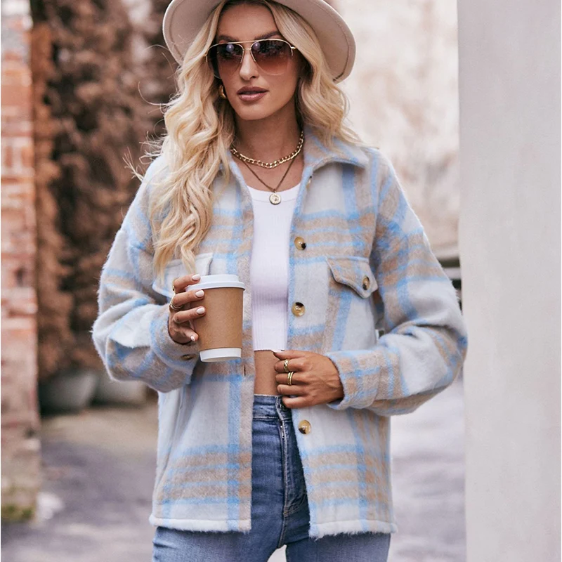 

Autumn Winter Fashion Plaid Thick Coats Lady All Match Vintage Tops Women Loose Chic Casual Female Clothes Long Sleeve Outerwear
