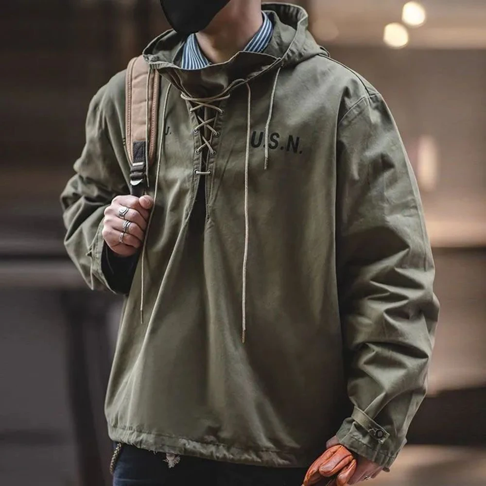 

2024 Autumn Winter Retro Cargo Drawstring Workwear Army Pullover Hood Hoddies Military Male Windbreaker War Coat Work Clothes