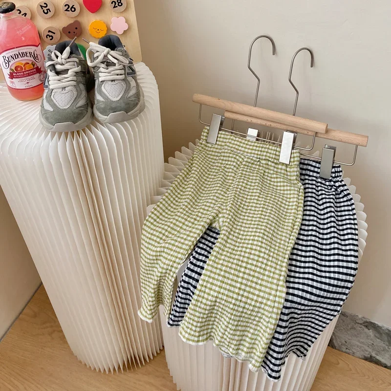 

Children Pants 2023 Summer Thin Casual Fashion Bell Bottoms Baby Girls Anti Mosquito Simple Loose Plaid Pants for Kids