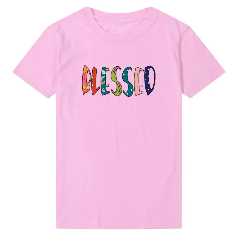 

Women T Shirt Vintage Floral Letter Blessed Cotton Harajuku Fashion Clothes Short Sleeve Streetwear Church Jesus Top