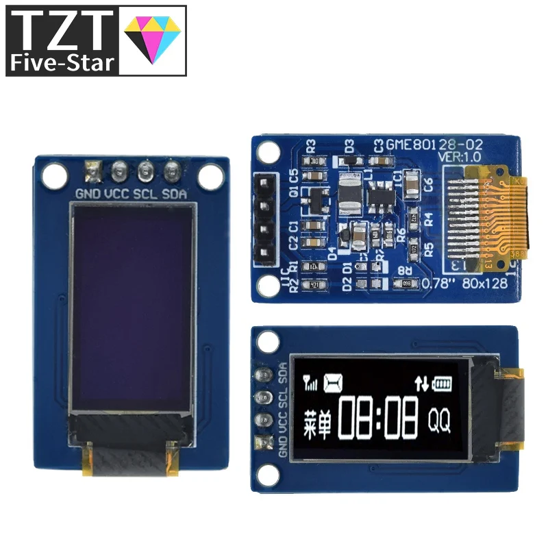TZT 0.78 inch OLED Display LCD screen module 0.78" White Color resolution 128*80 SPI interface SH1107 driver 128X80 for arduino