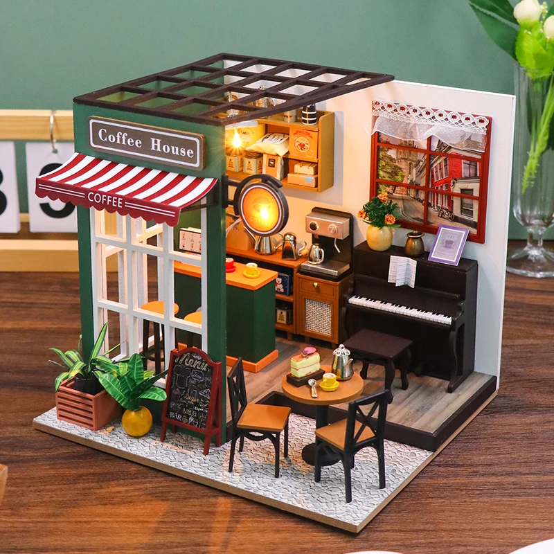 Doe-het-zelf Cat Café miniatuur poppenhuis kit met ledlicht, schaal 1