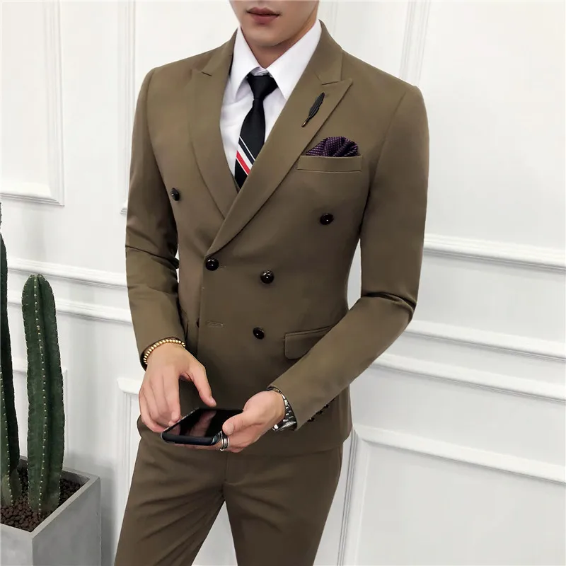 

[Jacket+Vest+Pants]British solid color double-breasted men suit suit men's slim tuxedo jacket pants formal dinner wedding dress
