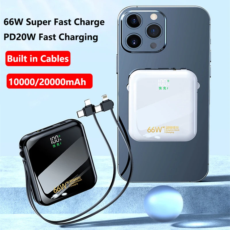 

Mini Power Bank 20000mAh with Cable PD 20W 66W Fast Charging Powerbank External Battery Charger for iPhone Huawei Xiaomi Samsung