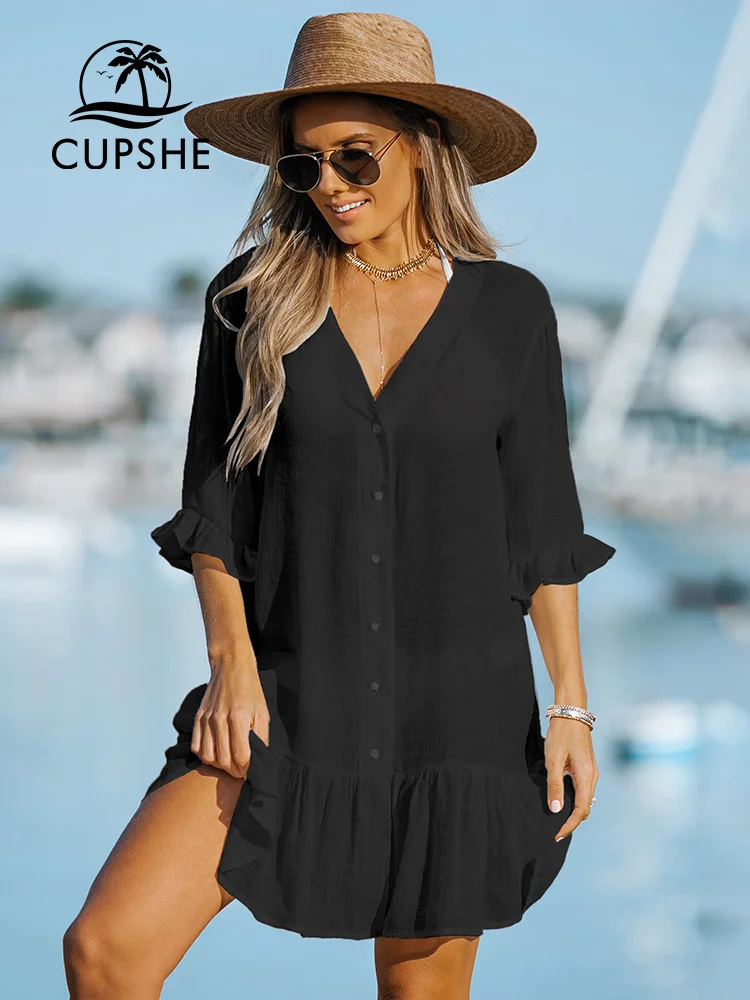 【CUPSHE】シースルーフリルマキシカバーアップサロン Fuchsia Long Sleeve Cover-Up Top