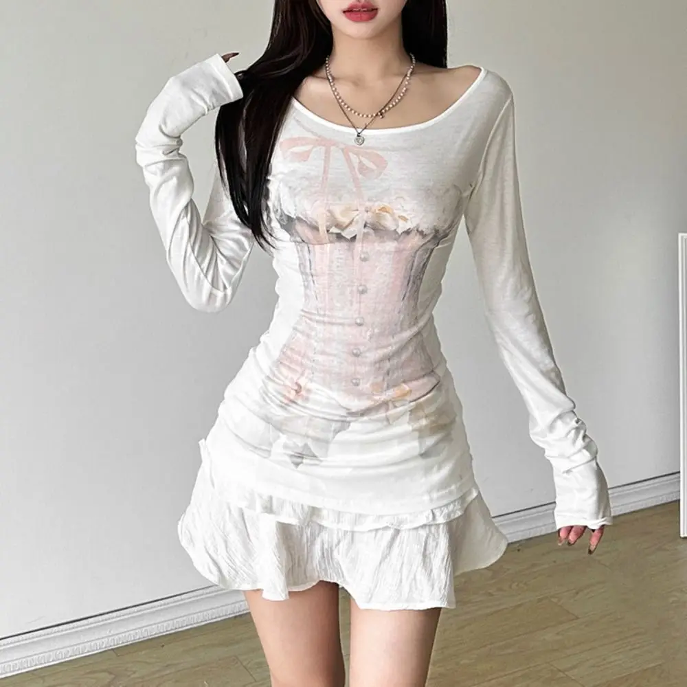 Soft Slanted Neck Cat Print Shirts Top Thin Letter Long Sleeved T-shirt Loose Ins Sweet T-Shirts Women Streetwear