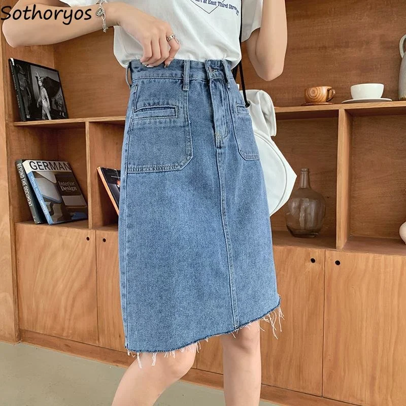 

Женские джинсовые юбки, простые повседневные удобные женские трапециевидные модные Универсальные летние однотонные тонкие дизайнерские винтажные юбки в Корейском стиле