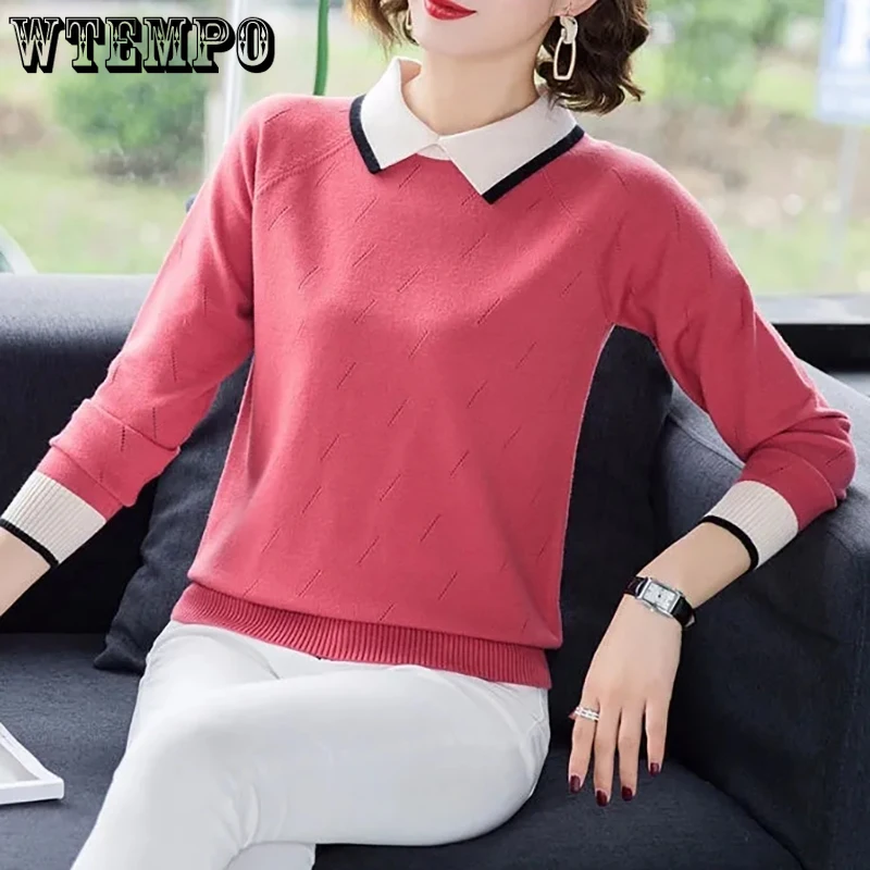 

WTEMPO Peter Pan Collar Bottoming Knitwear Women Fashion New Spring Fall Loose Knitted Pullovers Long Sleeve Casual Sweaters