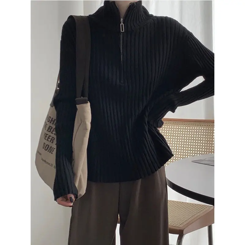 

Deeptown Turtleneck Korean Style Black Slim Knitted Sweater Women Vintage Half-zip Jumper Harajuku Gothic Knitwear Kpop Pullover
