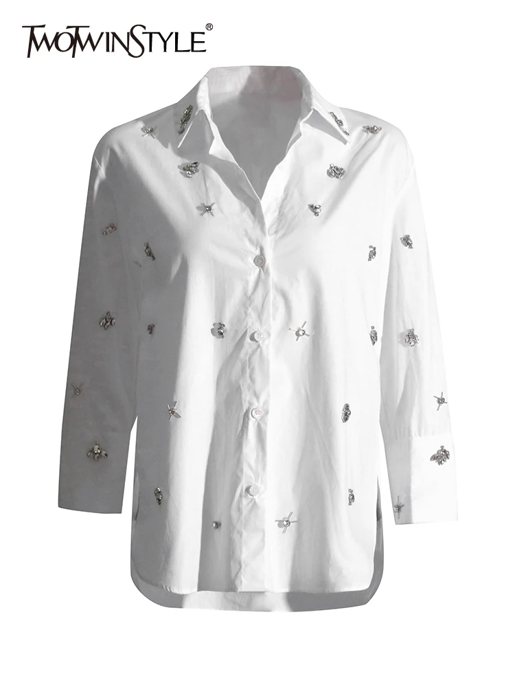 

TWOTWINSTYLE Solid Temperament Shirt For Women Lapel Long Sleeve Patchwork Dimonds Casual Loose Blouse Female Fashion Clothing