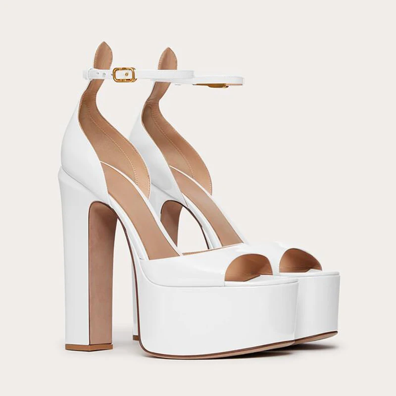 

Desinger Thick Platform Black White Patent Leather High Heel Women Pumps Fashion Party Dress Shoes Woman Plus Size