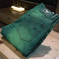 Spring Summer New Style Men's Slim Fit Jeans Elastic Casual Washed Denim Pants Green Fashionable Versatile Long Trousers