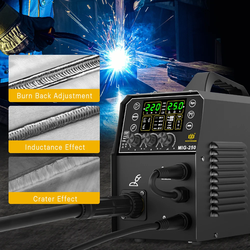 HZXVOGEN MIG 250 4 in1 Aluminum Welder MMA/MIG/Lift TIG/Stick Digital Semi-automatic Inverter Welding Machine Gas Gasless Welder 6