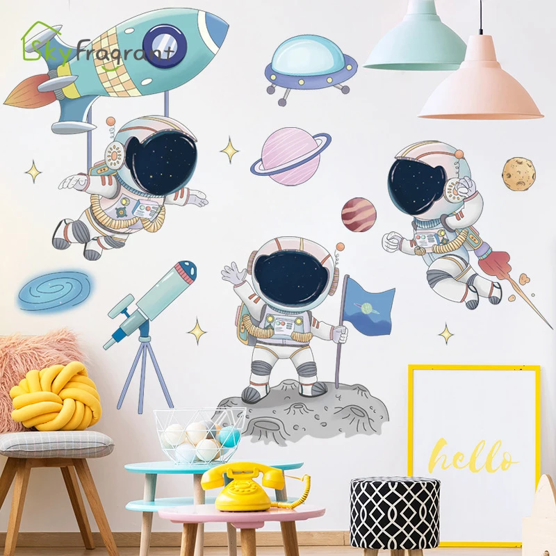 Cartoon Space Astronaut Pilot Sticker Kids Room Decor Kindergarten Classroom Background Wall Stickers Home Decor Self Adhesive