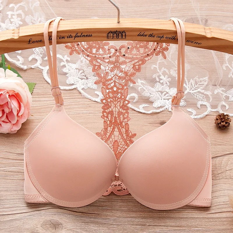 

Super Push Up Design Padded Bra for Women Small Chest Sexy Lace Rhineston Front Closure Brasier Pink Pushup Smooth Bralette