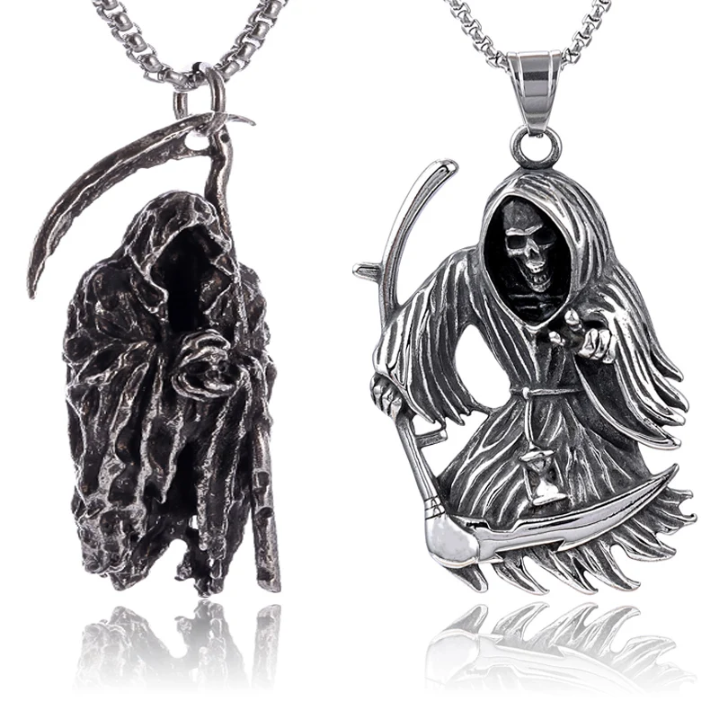 Vintage Gothic Grim Reaper Scythe Pendant Hell Demon Skull Collana Mens Biker Punk Jewelry Regalo Di Halloween