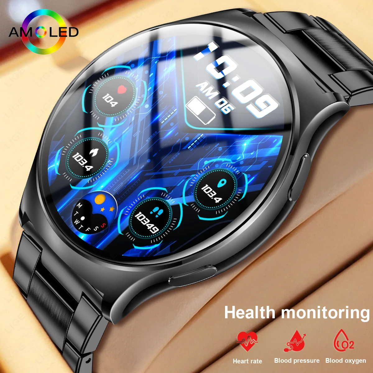 LIGE 1.43 인치 AMOLED 화면 여성 남성 스마트 시계 Smartwatch Buetooth 통화 혈액 산소 모니터 스포츠 피트니스 여성 남성 시계