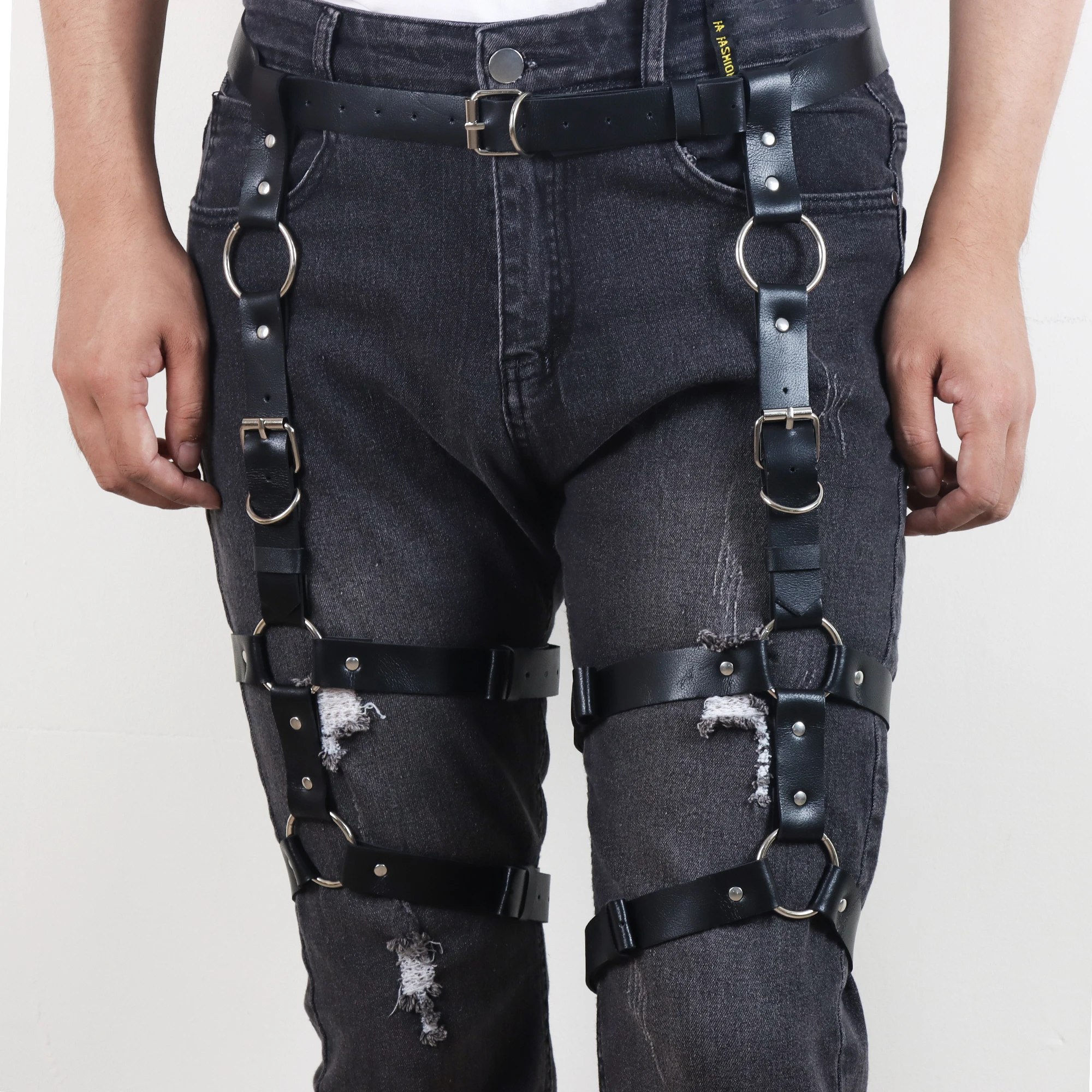 Schwarzer Leder-Oberschenkel-Beingürtel, Punk-Geschirr, Körperkette, Käfig, Damen für Herren
