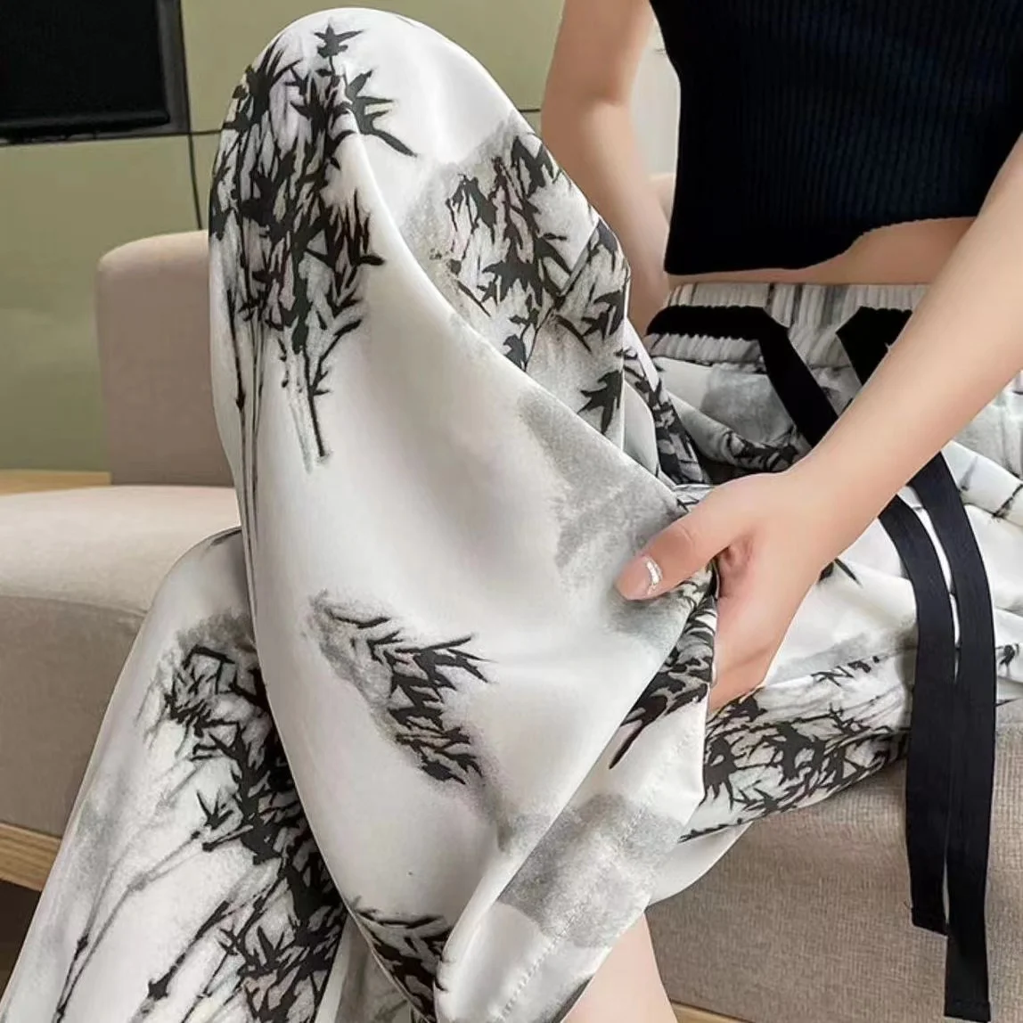 

2024 Women Summer Fashion Ice Silk Printing Trousers Female Loose Wide-leg Pants Ladies High Waist Thin Sun Protection Pant C309