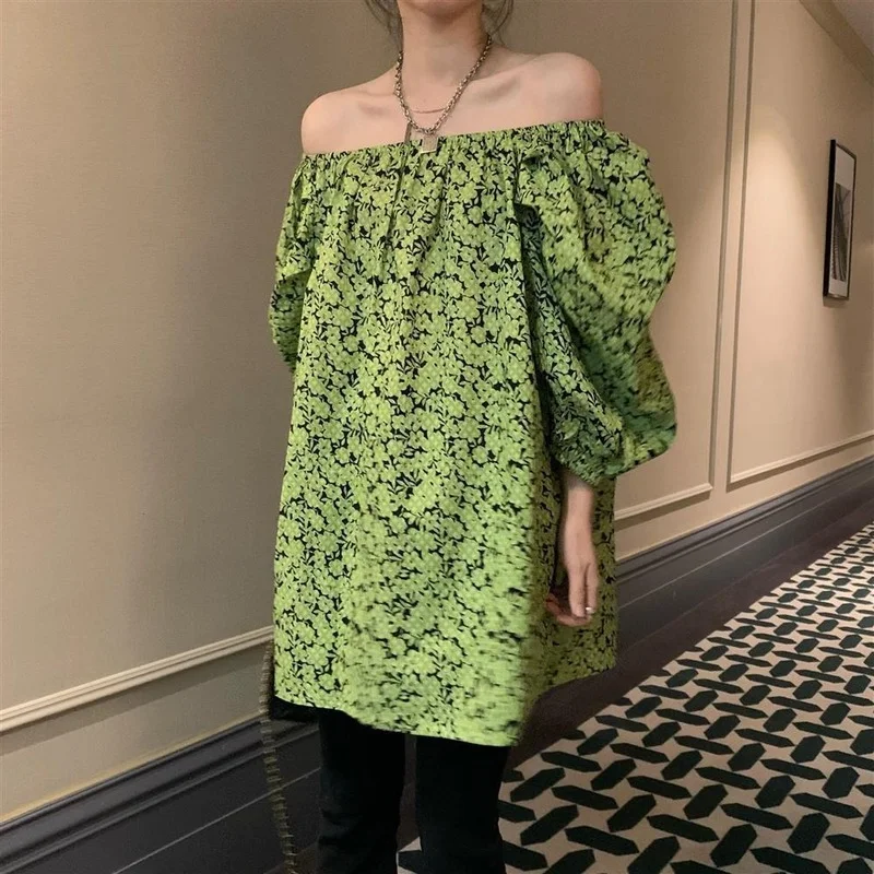 

Feiernan Harajuku Off Shoulder Tops for Women Green Floral Print Blouse Women Summer Puff Sleeve Clothes Female 2022 Korean Chic