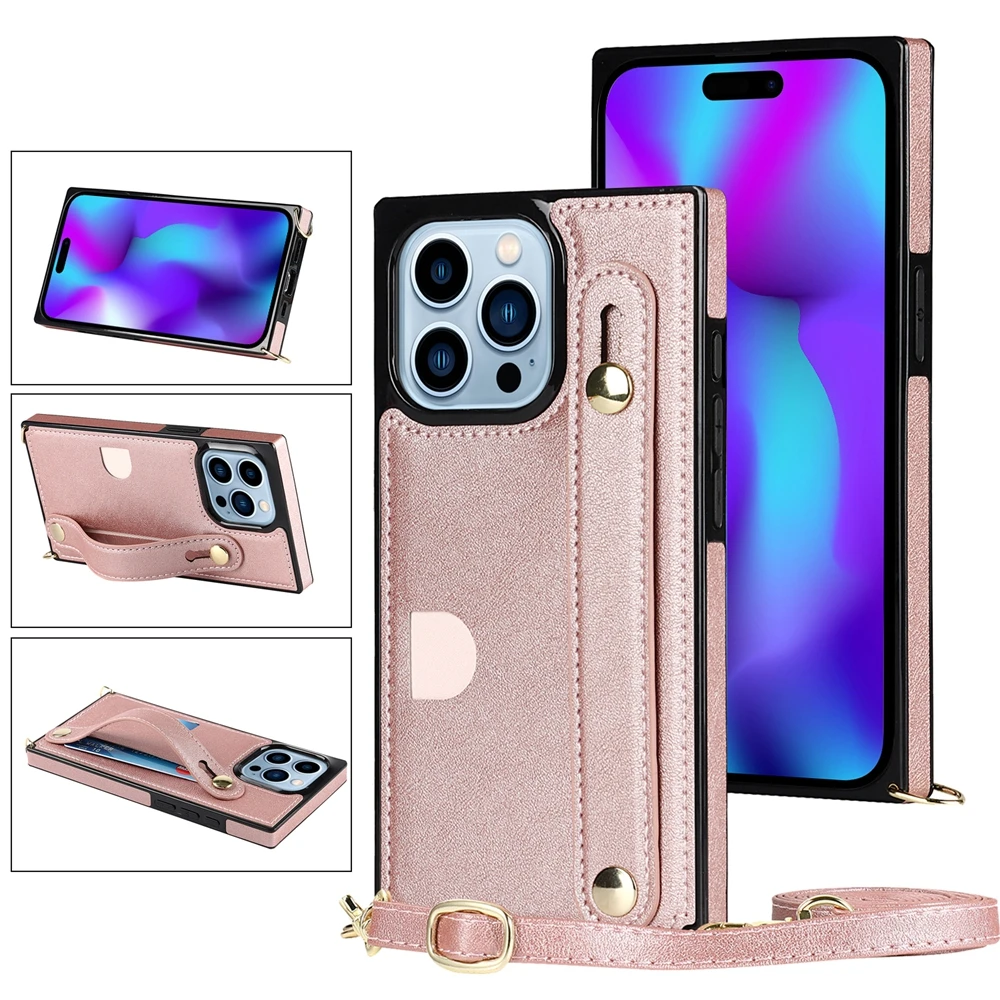 Elegant Crossbody Leather Phone Case with Kickstand and Card Slot Featuring a Wristband Design