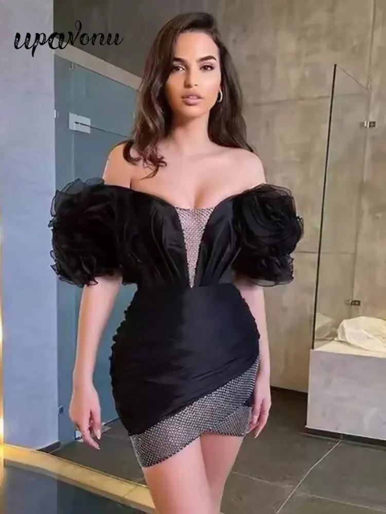 

Sexy Summer Dress Women's V-neck Fluffy Sleeves Bodycon Draped Sheer Diamonds Design Mini Dress Celebrity Evening Party Vestidos