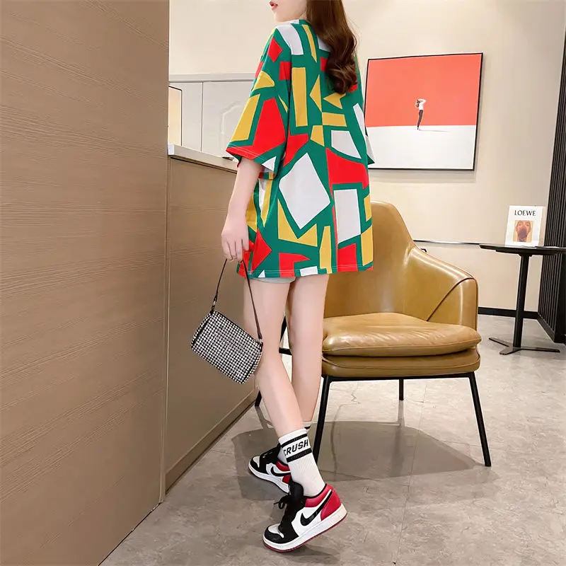 Elegant Fashion Harajuku Slim Fit Female Clothes Loose Casual All Match Tops Women Printed O Neck Insert Short Sleeve T-shirts
