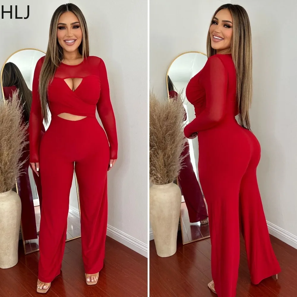 HLJ Red Spring New Patchwork Hollow Jumpsuits Women Round Neck Long Sleeve Wide Leg Pants One Piece Playsuits Casual Overalls