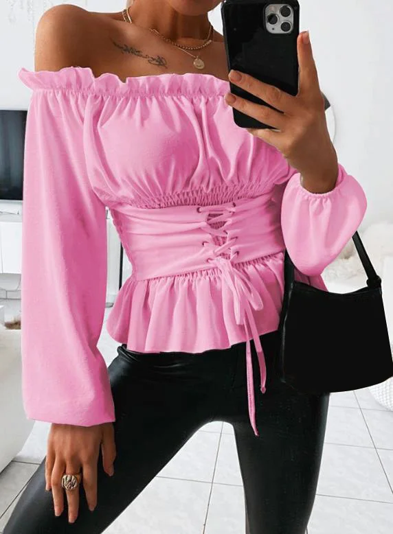 Women Blouse Tops Elegant Daily Ruffles Off the Shoulder Lace-up Front Pleated Waistband Slim Casual Lantern Long Sleeve Blouse sweet pregnant women chiffon dress short sleeve v neck ruffles patchwork maternity pleated dress summer fashion pregnancy dress