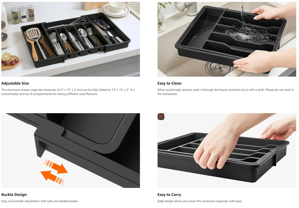 8 Grids Adjustable Kitchen Storage Organizer Tray – Plastic Multifunctional Drawer Organizer for Kitchen Counter Utensils