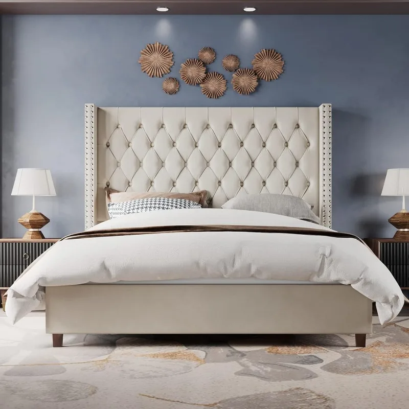 Velvet Upholstered Bed Frame Queen Size 61.4" Tall Headboard Queen Bed Frame/Deep Button Tufted/No Box Spring Needed/Cream 3