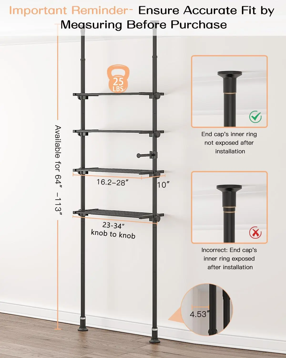 Adjustable Over Toilet Storage Shelf. 4-Tier. Tension Mounted. Fits 64-113" Heights. Black.