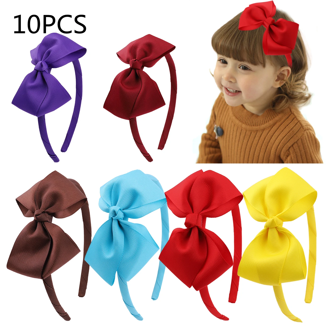 10PCS Wholesale Ribbon Red Headband for Girls Kids Knot Headwears Solid Color Wide Big Bow Hair Band Hair Accessories