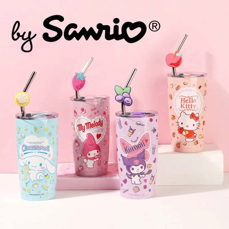 

2023 Sanrio Hello Kitty Kuromi Cinnamoroll Hot Water Bottles Thermos Cup Cupom with Straw Anime Kawaii Cute Items Christmas Gift