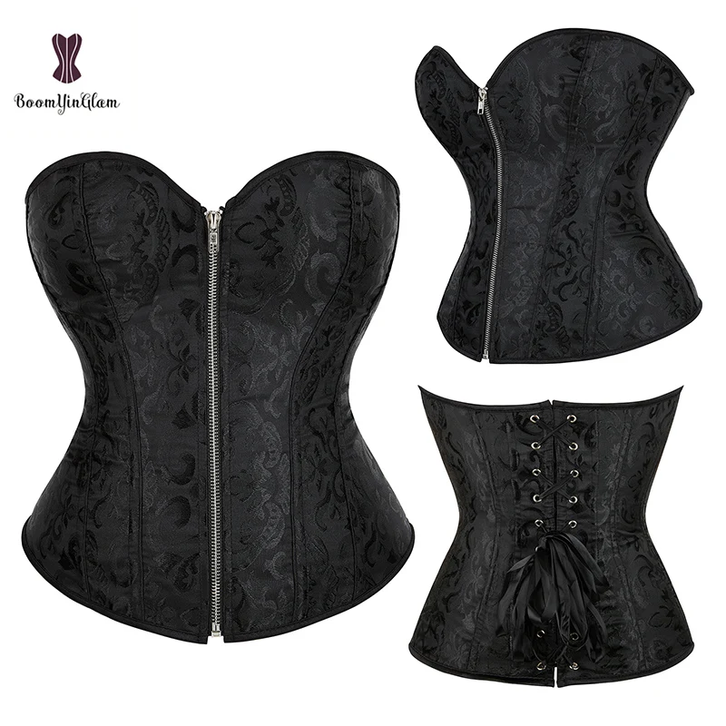 Plus Size XS To XXXL Black And White Fashion Vintage Korset Lace Trimmer Boned Corset Women Underwear Corselet With Zip corset bustier top,waist corset,lace corset